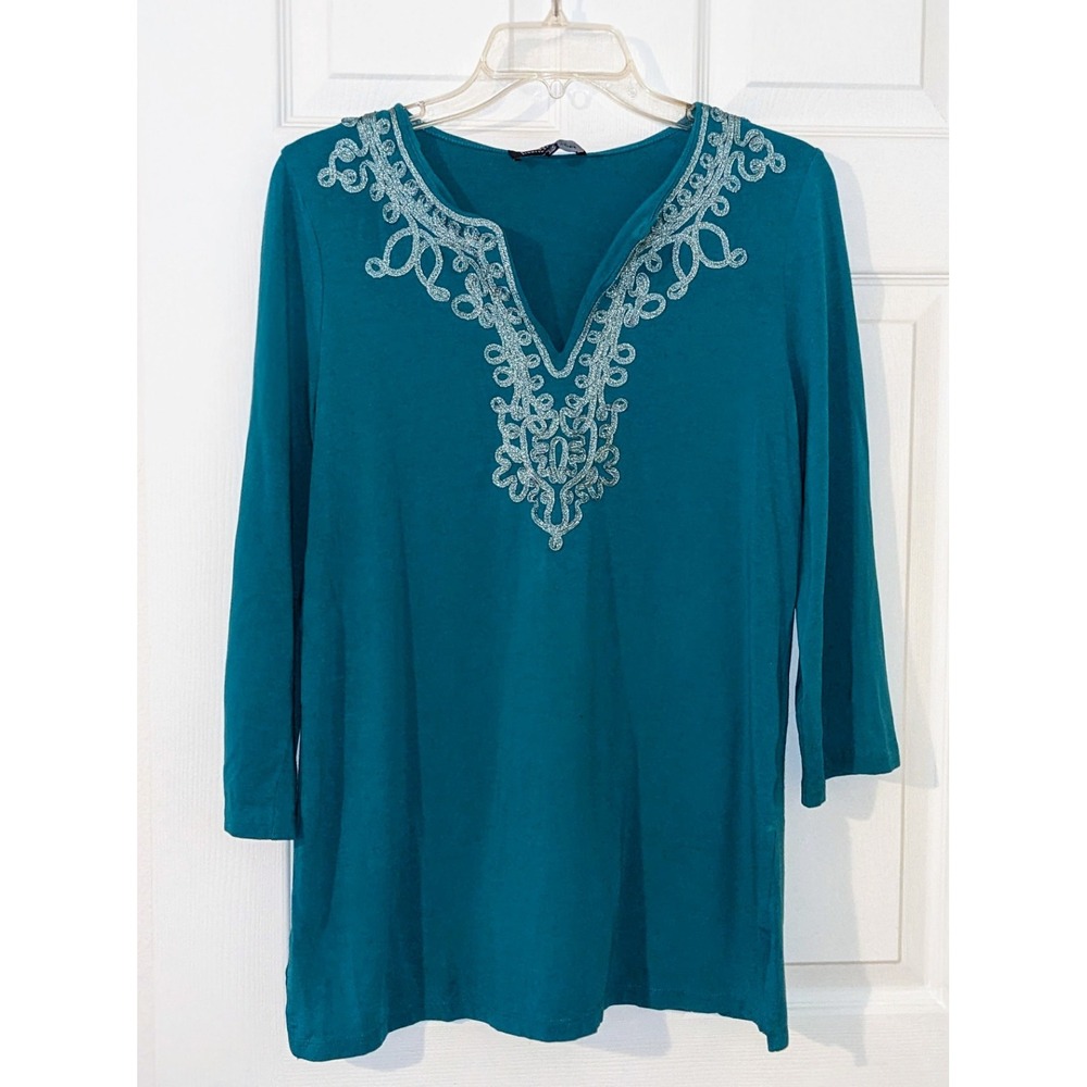 Jones New York Signature Silver Embroidered 3/4 Sleeve Henley Blouse Teal‎ L NWT